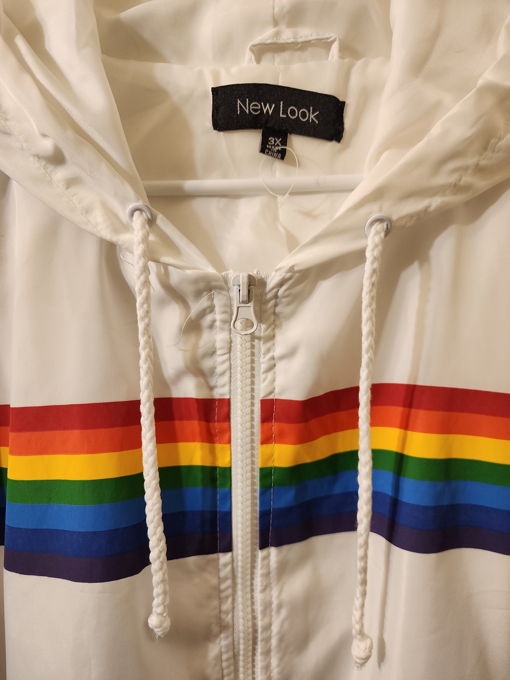 New Look Women's Plus Size White Gay PRIDE LGBT Hooded Jacket w/ Rainbow Stripe - Picture 3 of 8